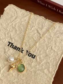 1 件波西米亚风复古优雅玉石贝壳项链，适合休闲和日常通勤佩戴 - 綠色 - 查看 2