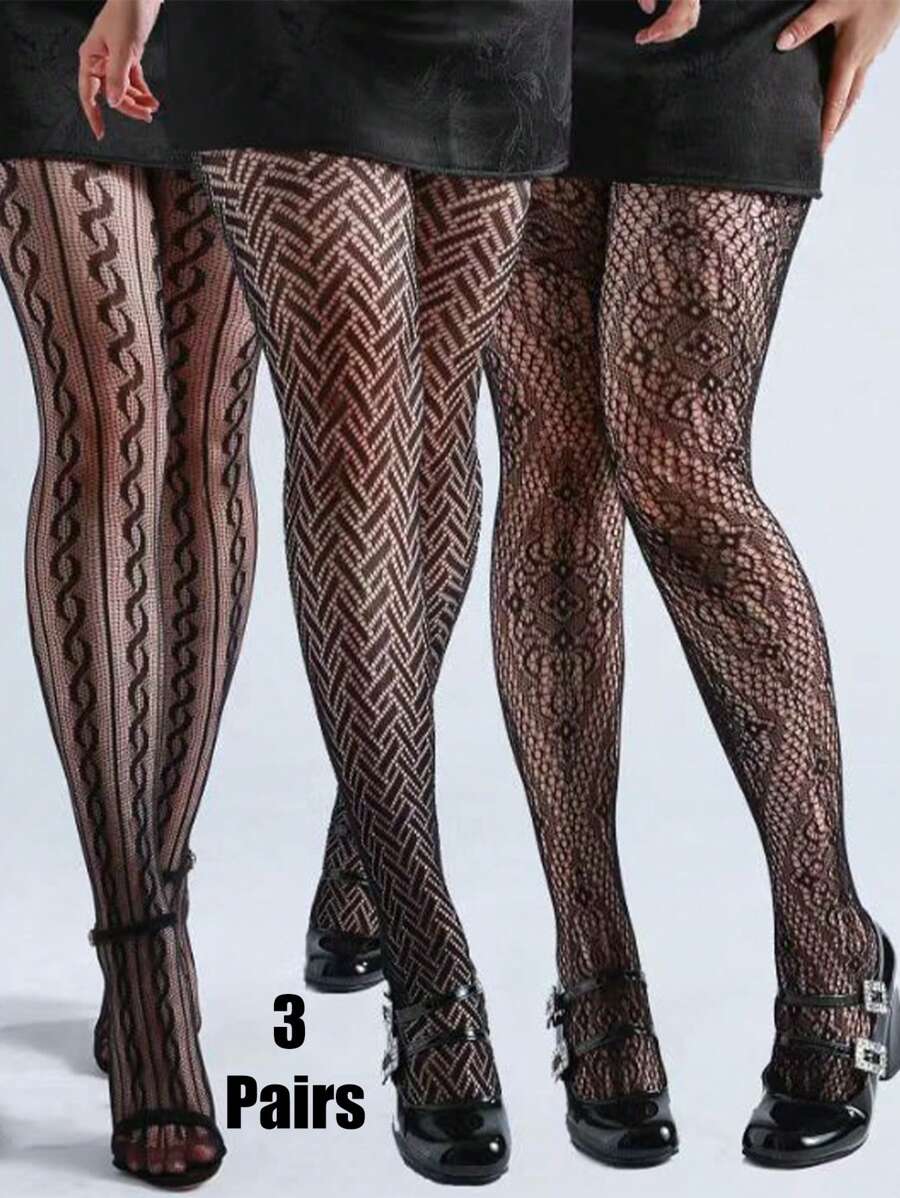 3 Pairs Black Sexy Women's Floral 8-Figure Twisted Square Line Fashion ...