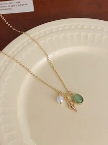 1 件波西米亚风复古优雅玉石贝壳项链，适合休闲和日常通勤佩戴 - 綠色 - 查看 3