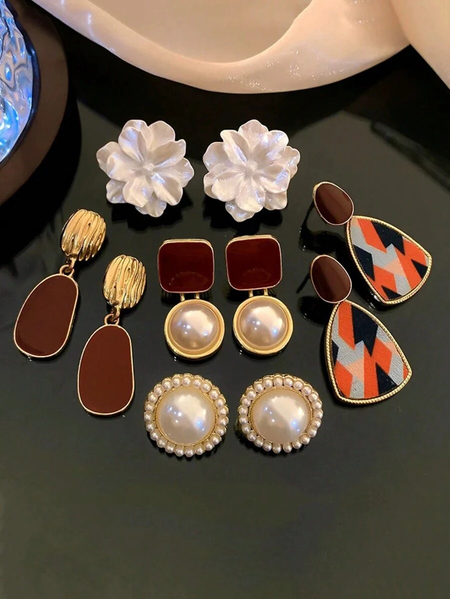 5 件/套方形勃艮第花卉珐琅和人造珍珠耳钉，时尚优雅几何耳环套装 - 彩色 - 查看 1
