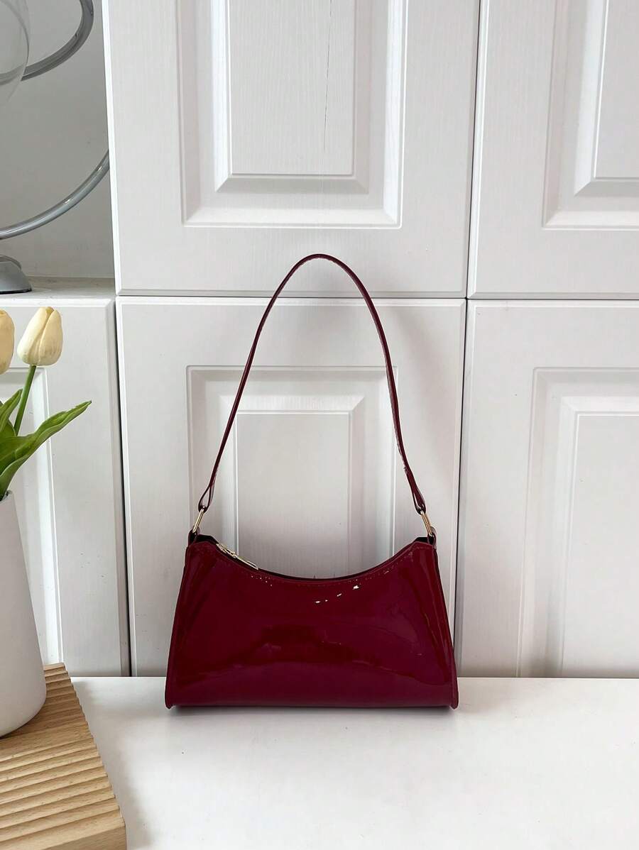 Solid Color Minimalist Lightweight Glossy Shoulder Bag - Burgundy - View 1
