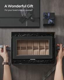 SONGMICS Watch Box, Watch Case With Glass Lid, 2-Tier Watch Display Case For 12 Watches, Lockable, 1 Drawer, For Rings, Bracelets, Gift Idea, Black Synthetic Leather, Greenish Beige Lining - 黑色 - 查看 4