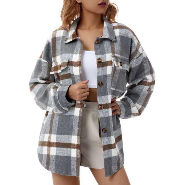 Plaid Jackets For Women Flannel Quilted Shacket Long Sleeve Blouse Coats Oversized Button Down Shirts