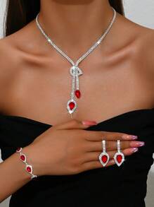 1 Set Fashion Waterdrops Rhinestone Earrings Necklace Bracelet Jewelry Set, Suitable For Women's Daily, Wedding, Banquet & Party Wear