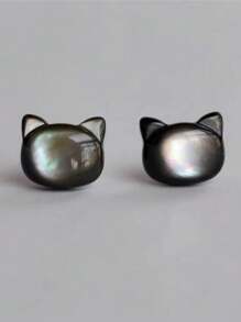 1 Pair 925 Sterling Silver Shell & Black Cat Stud Earrings, Unique High-End Earrings For Women - Earrings - View 10
