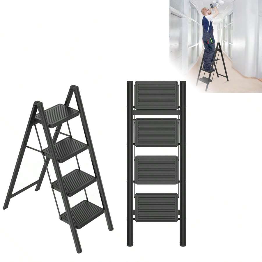 Stepladder Folding Step Stool With Wide Pedal Lightweight Folding Step Non-Slip Stepladder Ladder Folding Lock Up To 270 Kg Load Capacity Folding Ladder For Household Kitchen, Black - 4 Levels - View 1