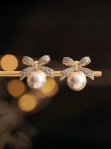 1pair Vintage Crystal & Pearl Bow Decor Earrings For Girl, Suitable For Daily And Party Wear, Autumn/Winter - Multicolor - View 3