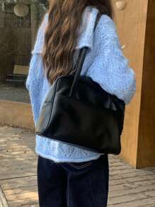Korean Style Women Large Capacity Shoulder Bag, Vintage Underarm Bag, Suitable For Work, School, Commuting, Fashion Tote Bag, Autumn (Accessory Is For Display Only, Not Included) - Black - View 3