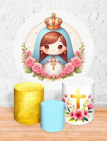 Round Panel Cover Kit + Trio Of Sublimated Cylinder Covers Party And Birthday Decoration Various Themes Children's Our Lady Cute Religious Delicate Colorful - 完整套件 2069 - 查看 1