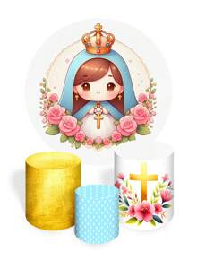 Round Panel Cover Kit + Trio Of Sublimated Cylinder Covers Party And Birthday Decoration Various Themes Children's Our Lady Cute Religious Delicate Colorful - 完整套件 2069 - 查看 2