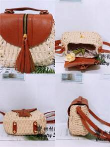 Fashionable Woven Handbag, Versatile For Vacation Or Travel, Straw Shoulder Or Crossbody Bag - Màu Khaki - Xem 2
