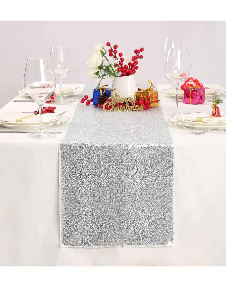 1PC Sparkly Sequin Table Runners For Wedding Decoration Glitter Table Runners Christmas Birthday Baby Shower Party Decor - Silver - View 1
