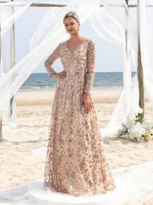 Faeriesty Mosy 优雅斜领花朵亮片新娘妈妈礼服 - 香檳色 - 查看 6