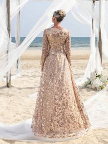 Faeriesty Mosy 优雅斜领花朵亮片新娘妈妈礼服 - 香檳色 - 查看 2