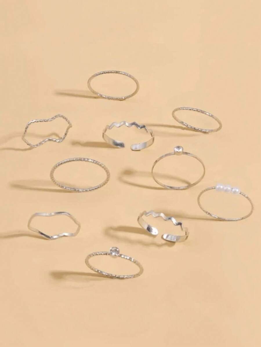 10 Pieces Rhinestone-Decorated Geometric Golden Ring Set For Women, Simple And Casual Style, Suitable For Daily Versatile Gifts - Antique Silver - View 1