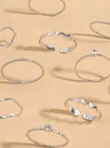 10 Pieces Rhinestone-Decorated Geometric Golden Ring Set For Women, Simple And Casual Style, Suitable For Daily Versatile Gifts - Antique Silver - View 3