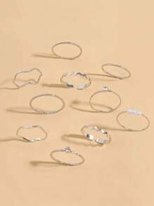 10 Pieces Rhinestone-Decorated Geometric Golden Ring Set For Women, Simple And Casual Style, Suitable For Daily Versatile Gifts - Antique Silver - View 2