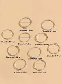 10 Pieces Rhinestone-Decorated Geometric Golden Ring Set For Women, Simple And Casual Style, Suitable For Daily Versatile Gifts - Antique Silver - View 4