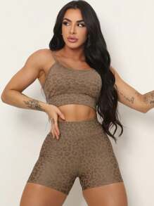 jelik fashions Shorts + Top Set With Removable Pad Animal Print Leopard Straps Polyamide Fitness Women's Fashion Gringa Blogger Gym - 米色 - 查看 7