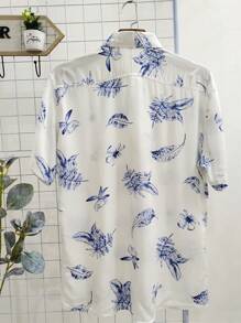 Floral Hawaiian Beach Shirt Summer Men's Short Sleeve Button Down 100% Viscose Fabric Shrinks A Little - 淺藍色 - 查看 2