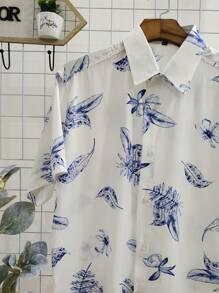 Floral Hawaiian Beach Shirt Summer Men's Short Sleeve Button Down 100% Viscose Fabric Shrinks A Little - 淺藍色 - 查看 3