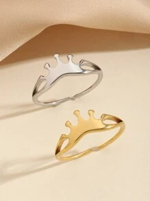 2 件不锈钢时尚简约金色银色皇冠形状戒指套装，适合女士日常佩戴或作为礼物赠送 - 彩色 - 查看 1