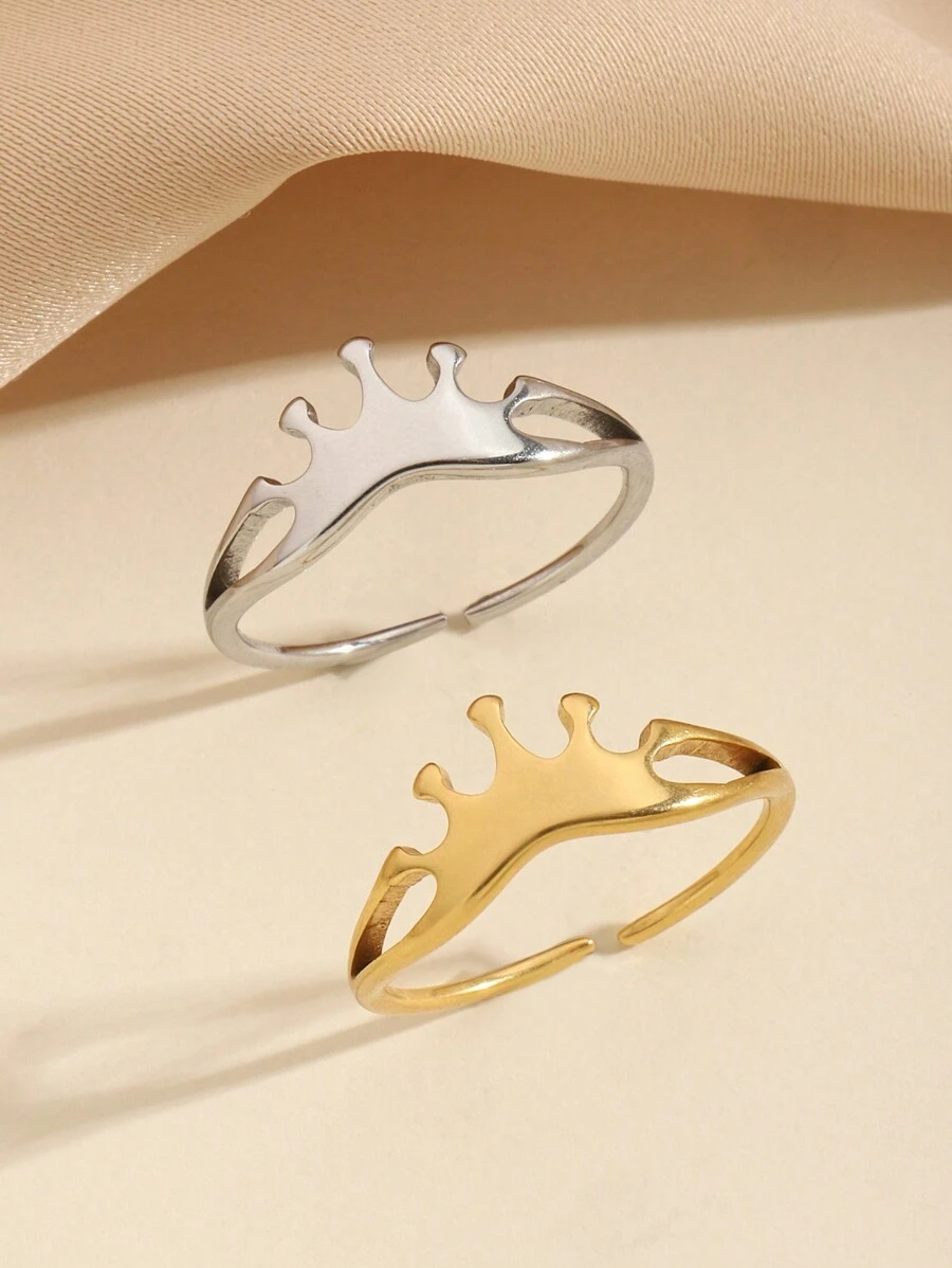 2 件不锈钢时尚简约金色银色皇冠形状戒指套装，适合女士日常佩戴或作为礼物赠送 - 彩色 - 查看 1