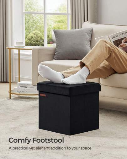  SONGMICS Storage Ottoman, Foldable Small Ottoman Foot Rest, 38 X 38 Cm Foot Stool, Ottoman With Storage, Load Up To 300 Kg, For Living Room, Bedroom, Dorm, Ink Black