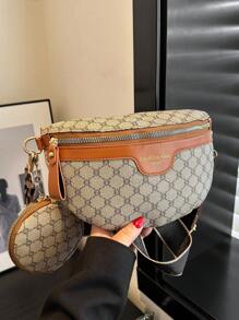 2 件套时尚女士压花腰包和胸包套装，中国风，大容量 - 灰色 - 查看 1