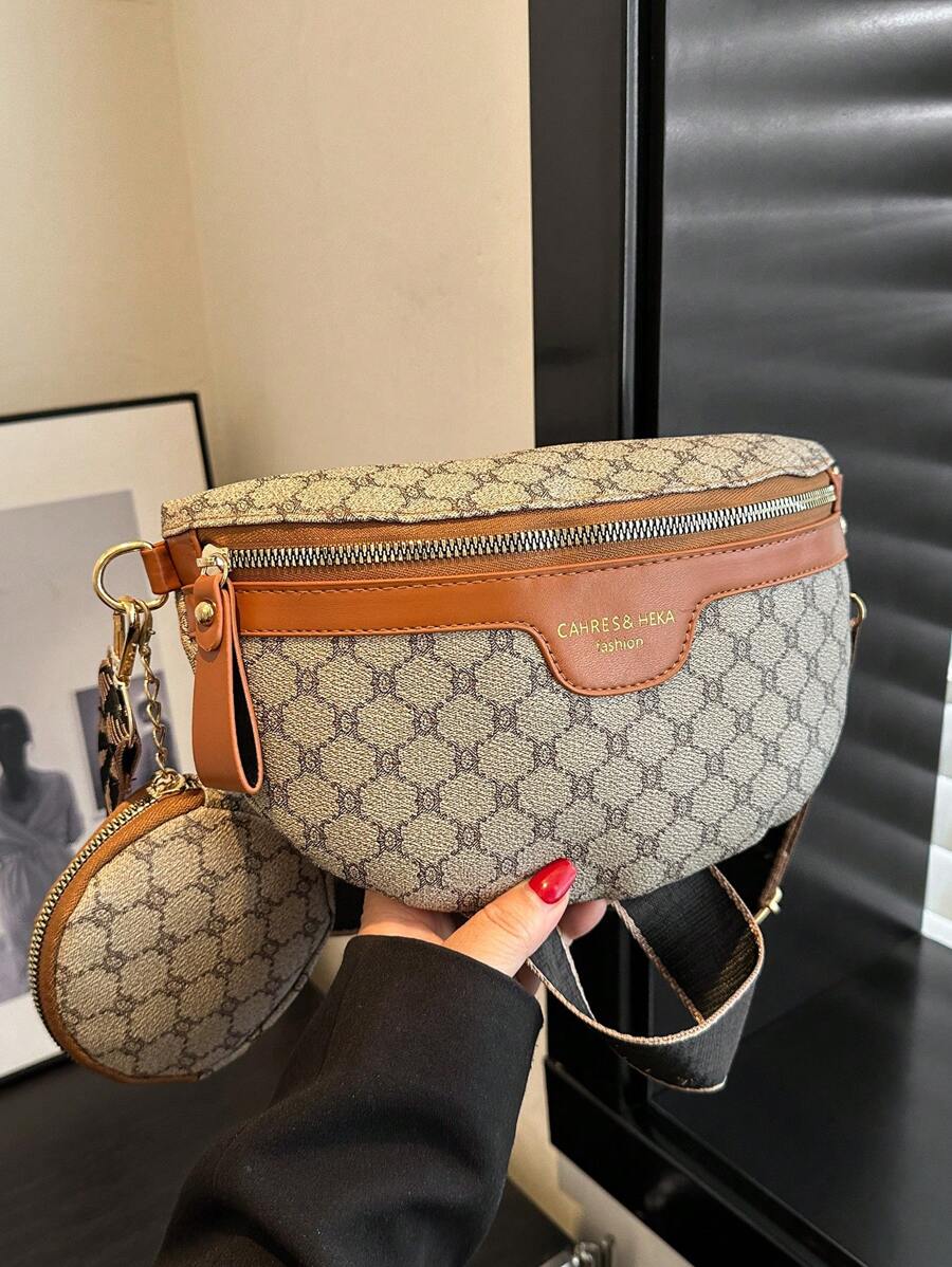 2 件套时尚女士压花腰包和胸包套装，中国风，大容量 - 灰色 - 查看 1