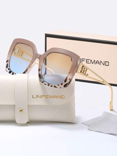  LINFEMAND Oversized Square Multi-Color Gradient Lens Fashion Decorative Glasses For Women, Summer Party Wedding Festival Gift Elegant Outfit For Summer Beach Vacation,Outdoor,Travel Shades Hollow Out Elegant Style Oversized Square Frame