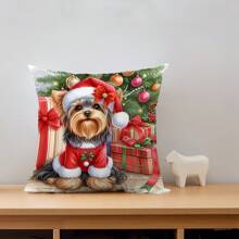 1 pieza Funda de almohada de peluche corto súper suave con estampado de cachorro en estilo navideño, adecuada para cualquier habitación, sofá, dormitorio, sala de estar, decoración del hogar, funda para respaldo