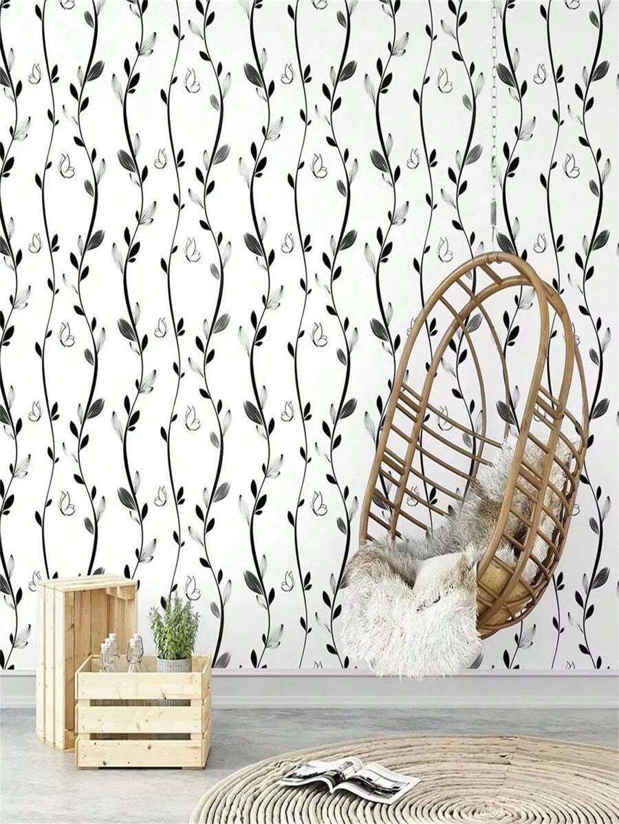 Floral Leaves And Butterflies Self-Adhesive Wallpaper 45 Cm X 5 M - Đen và trắng - Xem 1