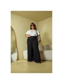 Plus Size Linen Palazzo Pants - 黑色 - 查看 1