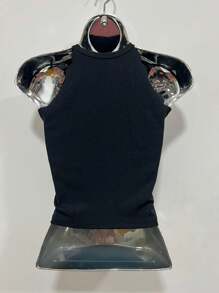 Knitted Solid Color Shell Edge Halter Top - màu đen - Xem 2