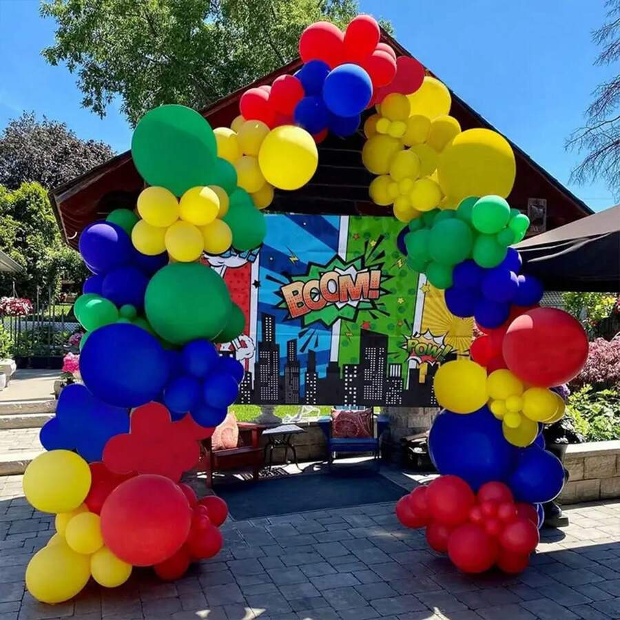 Set de 106 globos con temática de superhéroe que incluye arco de globos, guirnalda, suministros para fiestas con globos en rojo, azul, amarillo, decoración de fiesta de dibujos animados para cumpleaños - Multicolor - Ver 1