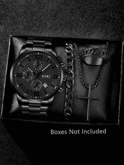 时尚男士石英表套装，带日历功能，锌合金表壳和表带，圆形表盘，电子机芯，指针显示，包含吊坠项链、手链和戒指。是理想的生日礼物，适合日常佩戴，也适合生日、派对、节日聚会等场合，送给自己或朋友都很合适。不含包装盒。