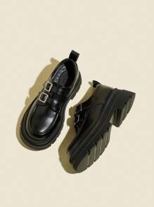 Women's Black Thick Heel High Heels With Platform, Patent Leather Office Loafers Shoes With Buckle