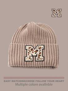 1pc Letter & Leopard Striped Casual Bohemian Acrylic Solid Embroidered Ski Beanie Hat, Knitted, Autumn/Winter, Versatile