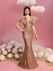 Vestido Longo Elegante com Decote em V para Meninas Adolescentes, com Mangas Bufantes Transparentes, Corpete Cintilante Sequinado e Silhueta de Sereia com Fenda Alta - Perfeito para Cerimônias de Gala na Passadeira Vermelha, Bailes Formais, Noites de Formatura e Eventos de Concursos - Champanhe - Visão 5