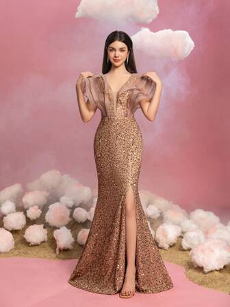 少女优雅 V 领及地长裙，搭配透明荷叶边袖子、闪亮亮片紧身胸衣和高开叉美人鱼轮廓 - 非常适合红毯庆典、正式舞会、毕业舞会和选美活动