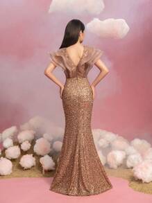 Vestido Longo Elegante com Decote em V para Meninas Adolescentes, com Mangas Bufantes Transparentes, Corpete Cintilante Sequinado e Silhueta de Sereia com Fenda Alta - Perfeito para Cerimônias de Gala na Passadeira Vermelha, Bailes Formais, Noites de Formatura e Eventos de Concursos - Champanhe - Visão 3