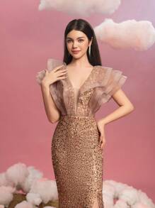 Vestido Longo Elegante com Decote em V para Meninas Adolescentes, com Mangas Bufantes Transparentes, Corpete Cintilante Sequinado e Silhueta de Sereia com Fenda Alta - Perfeito para Cerimônias de Gala na Passadeira Vermelha, Bailes Formais, Noites de Formatura e Eventos de Concursos - Champanhe - Visão 7