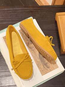 女士平底一脚蹬鞋，黄色圆头绒面革蝴蝶结平底鞋，轻便舒适，适合室内/室外穿着 - 黃色 - 查看 15
