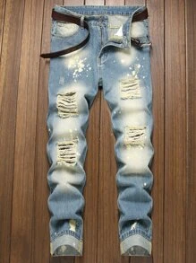 男式直筒修身破洞休闲街头风格透气口袋复古蓝色牛仔裤（不含腰带） - 藍色 - 查看 3