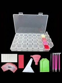 1 Set 28-Grids Diamond Painting Storage Box - Organized Container With Funnel, Stickers, Pen And Embroidery Accessories, For Diamond Painting