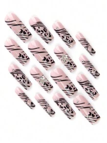 用 24 件长方形 Y2K 风格黑色不对称条纹涂鸦和复古街头粉红豹纹和 3D 闪亮星星水钻装饰全覆盖假指甲套装改变您的指甲，适合狂欢派对 - 粉色 - 查看 4
