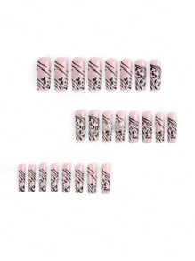 用 24 件长方形 Y2K 风格黑色不对称条纹涂鸦和复古街头粉红豹纹和 3D 闪亮星星水钻装饰全覆盖假指甲套装改变您的指甲，适合狂欢派对 - 粉色 - 查看 2