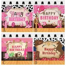 Pink Western Cowboy Theme Happy Birthday Backdrop Fabric Rustic Plank Banner Guitar Cowboy Hat Cowboy Theme Birthday Party Portrait Photography Decoration Banner Vinyl