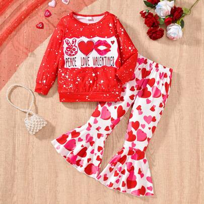 Set de 2 piezas con top de manga larga con estampado gráfico de corazón y letra, y pantalones acampanados para niñas jóvenes